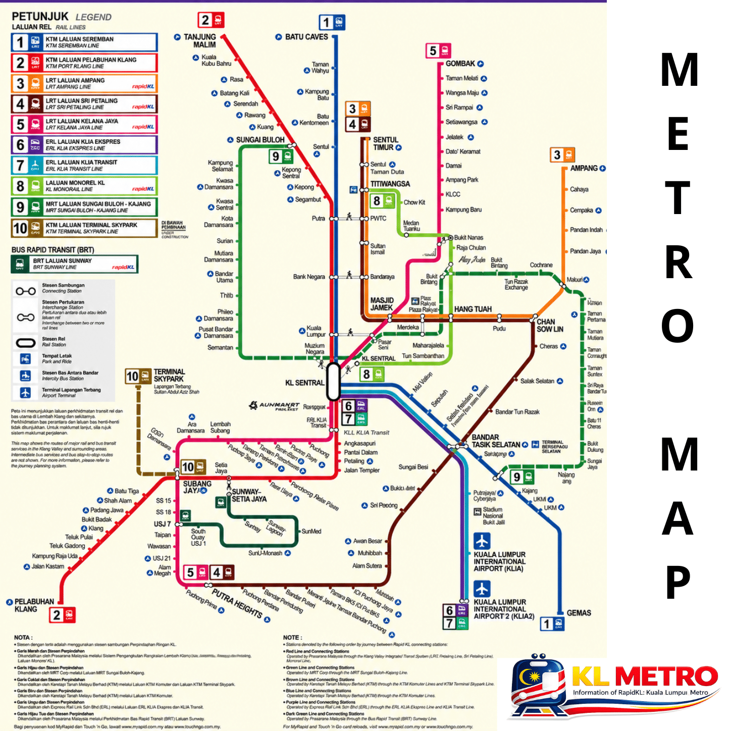 Klang Valley Integrated Transit Network map — Rapid KL LRT, MRT, Monorail, KTM Komuter, ERL and BRT